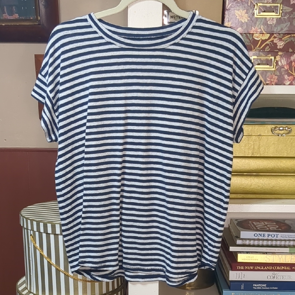 Madewell Blue and White Linen Blend Relaxed Short Sleeve T-Shirt Size Medium
